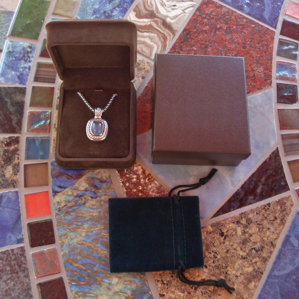 Retired David Yurman Albion Blue Chalcedony Enhancer Pendant w/Chain - 14K/925 - Picture 2 of 13